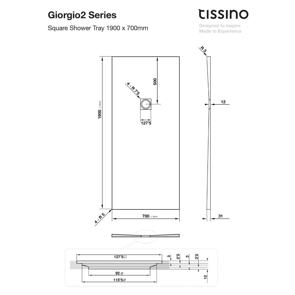 Tissino Rectangle Shower Tray 1900 x 700mm Tissino Giorgio2 Rectangle Shower Tray in Grey Slate