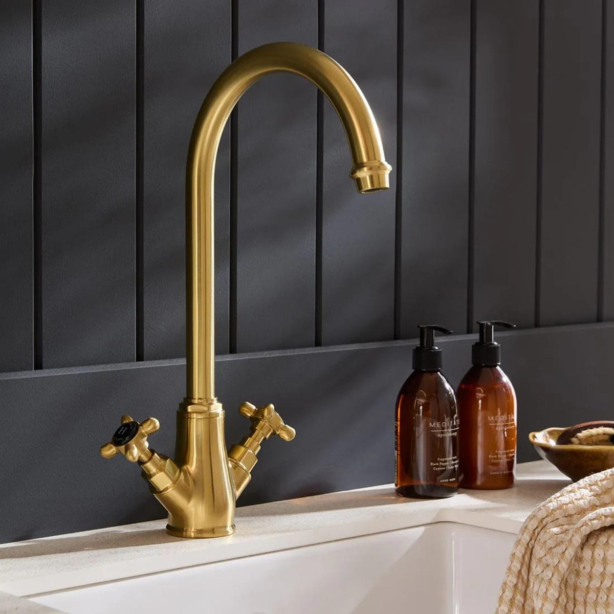 Vado Kitchen Tap Brushed Brass/Black Booth & Co. Axbridge Mono Kitchen Mixer Tap with Cross Handles