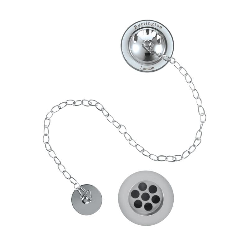 Burlington Bath Waste Chrome with White Ceramic Burlington Bath Overflow, Plug and Chain Waste