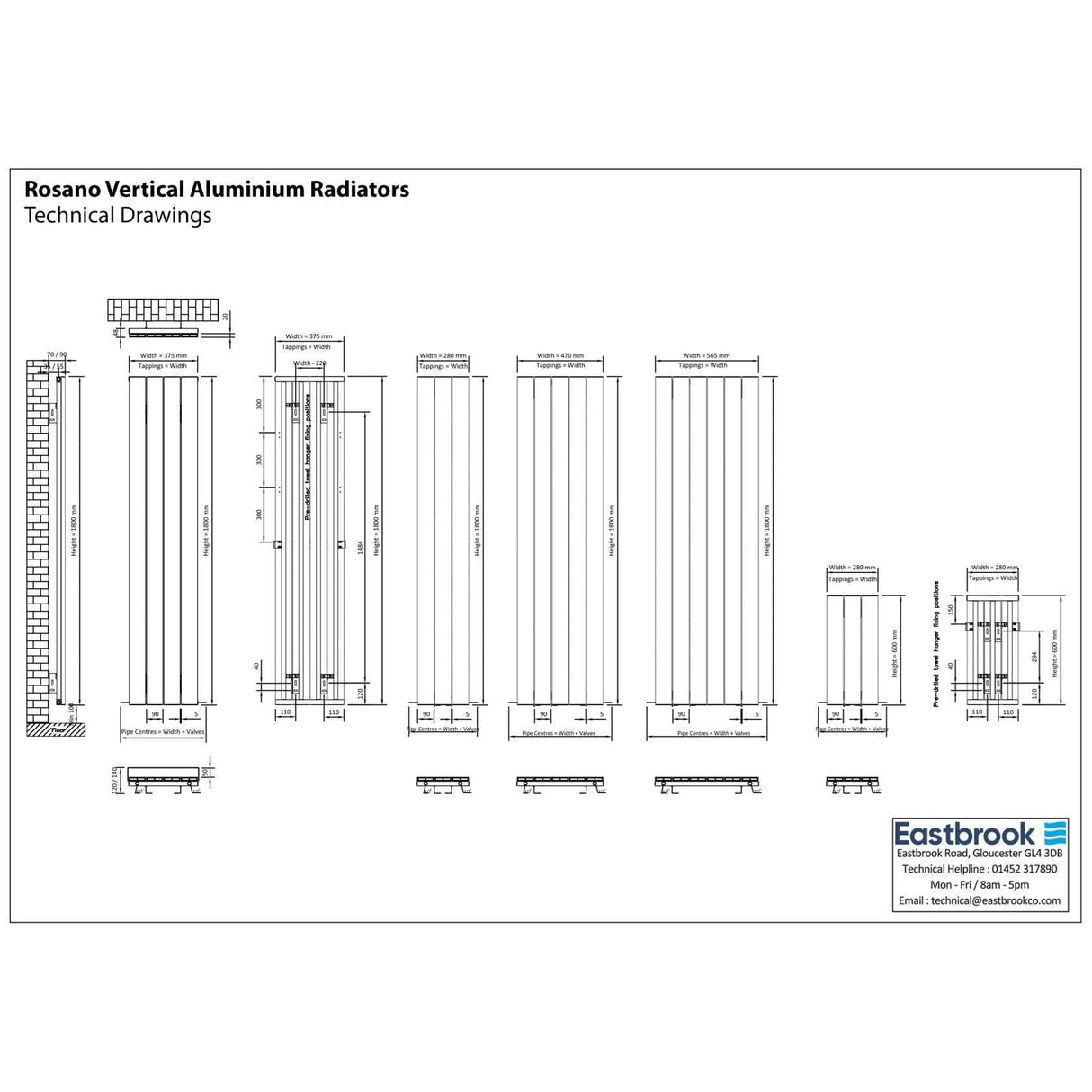 Eastbrook Panel Radiator Eastbrook Rosano Straight Vertical Aluminium Radiator in Matt Anthracite