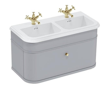 Burlington Double Sink Vanity Unit Classic Grey / Ceramic Basin - 1 Tap Hole / Gold Burlington Chalfont 1000mm Wall Mounted Single Drawer Vanity Unit with Double Basin