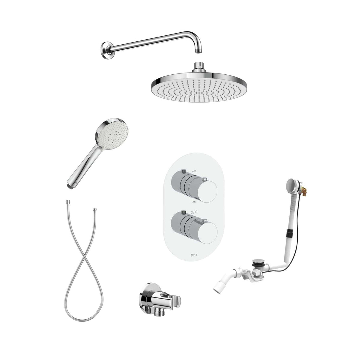 Roca Concealed Shower Set Chrome Roca Splash-T Thermostatic Concealed Shower Valve with Rainshower Head, Shower Handset and Overflow Bath Filler