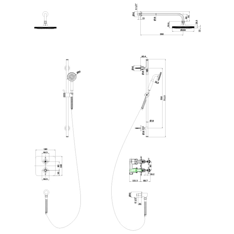 Burlington Concealed Shower Set Burlington Guild Square 1 Outlet, 2 Handle Concealed Thermostatic Shower Valve with Fixed Shower Arm & Head, Rail, Hose, Handset & Outlet Elbow