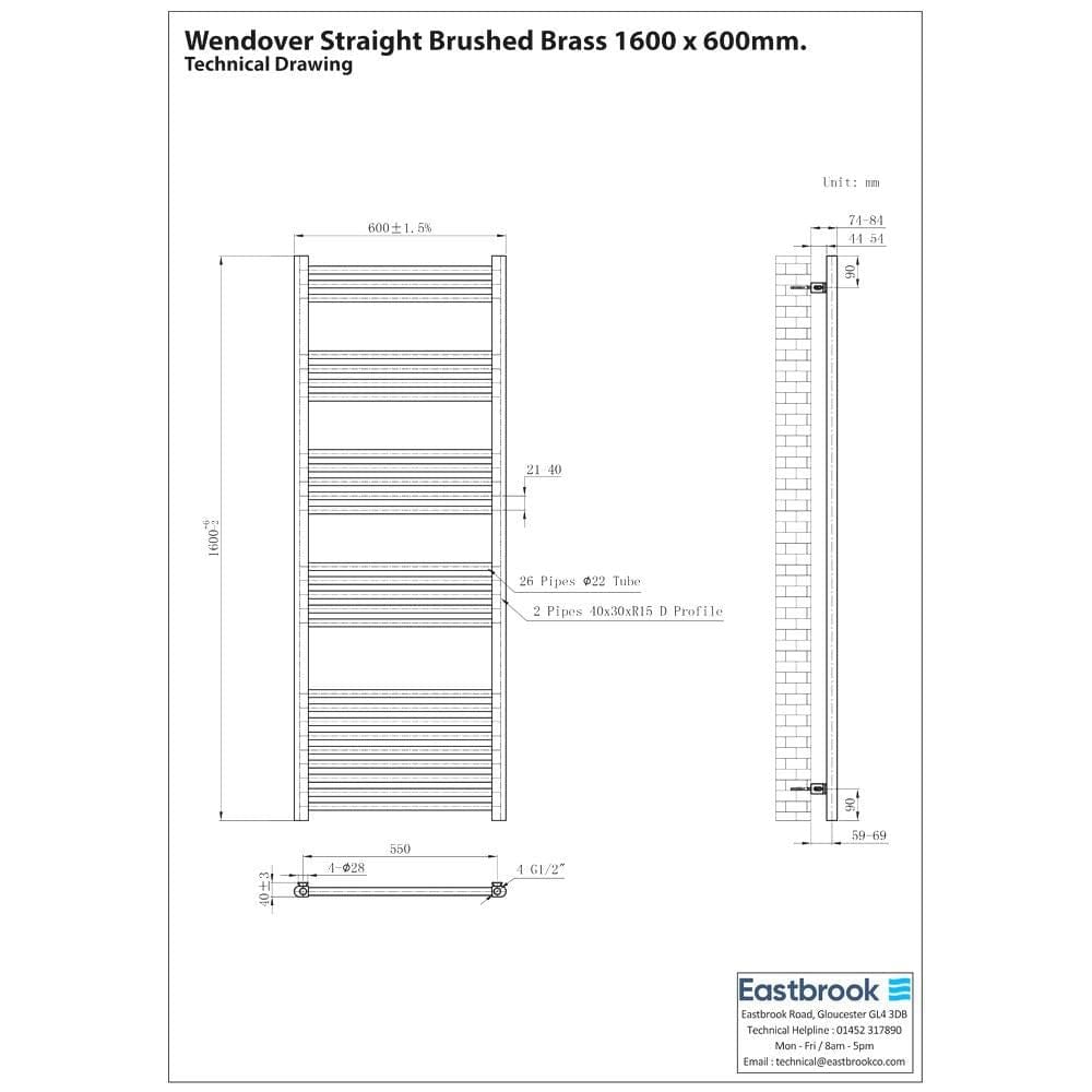Eastbrook Wendover Straight Heated Towel Rail in Brushed Brass