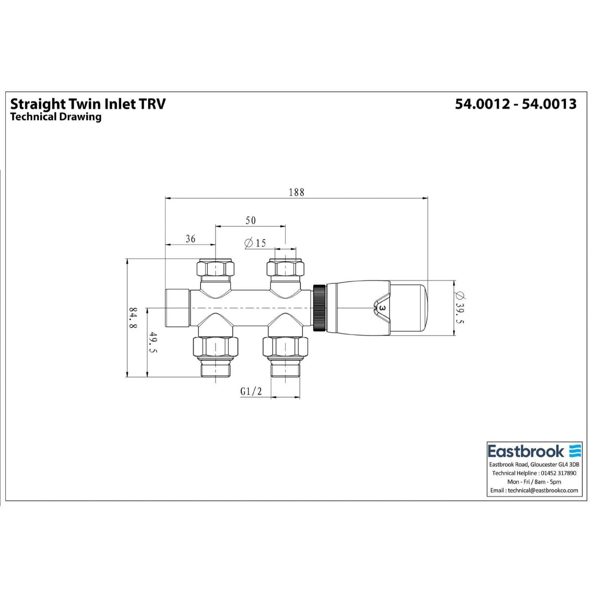 Eastbrook Radiator Valves Eastbrook Straight Twin Inlet Thermostatic Radiator Valve 15mm