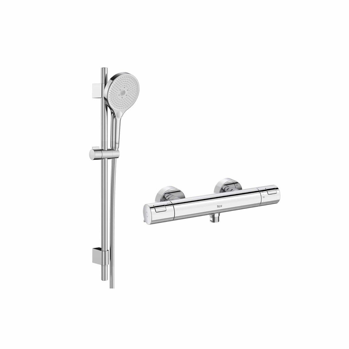 Roca Exposed Shower Set Chrome Roca T-500 Thermostatic Bar Shower Valve with with Shower Handset and Slide Rail Set