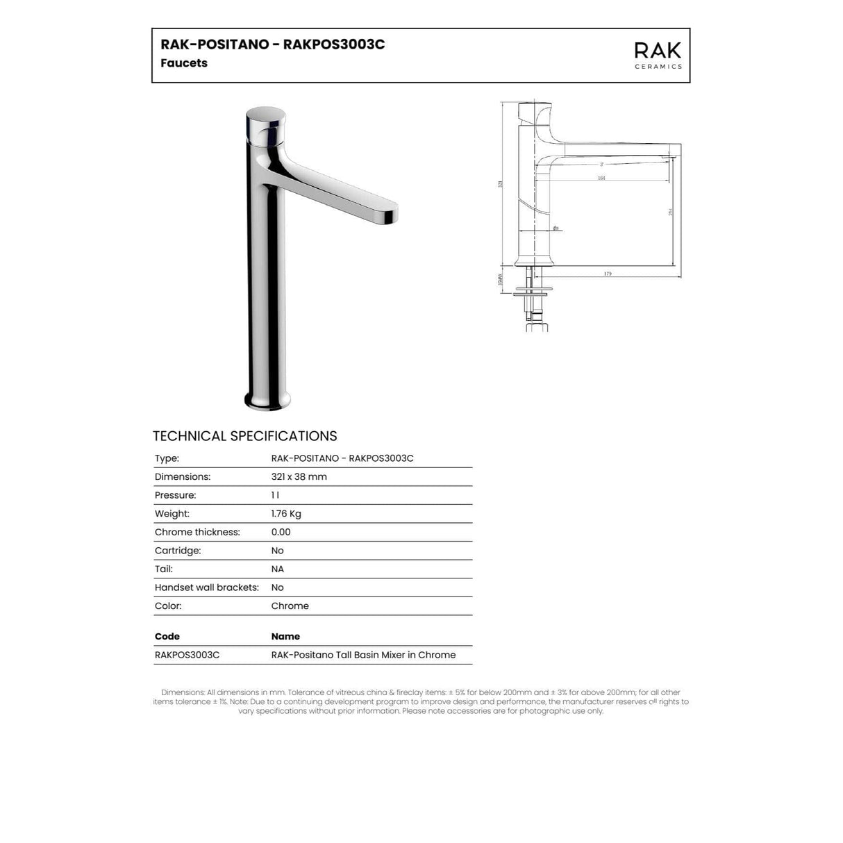 RAK Tall Basin Tap RAK Positano Tall Basin Mixer Tap in Chrome