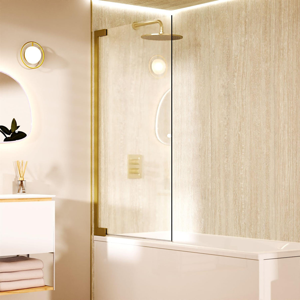 Crosswater Bath Screen Brushed Brass Crosswater Asura 8mm Hinged Bath Screen