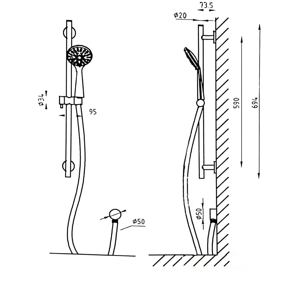 TED Shower Riser Rail TED Round Riser Rail Shower Kit with Handset and Wall Outlet