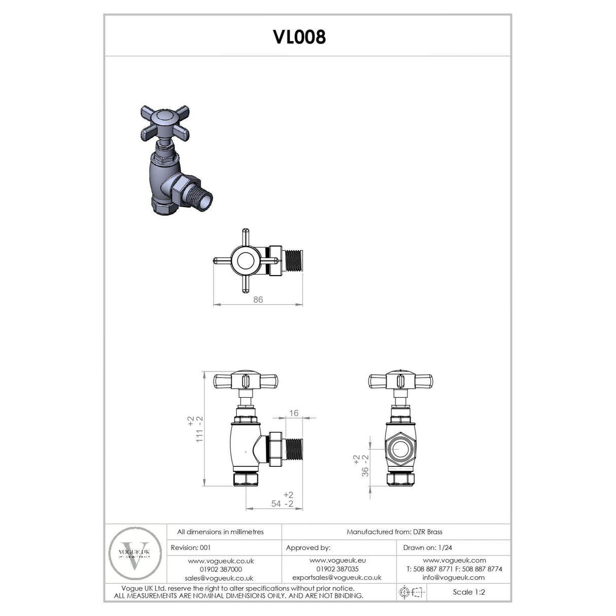 Vogue Radiator Valves Vogue Crosshead Manual Angled Radiator Valves (Pair) in Chrome