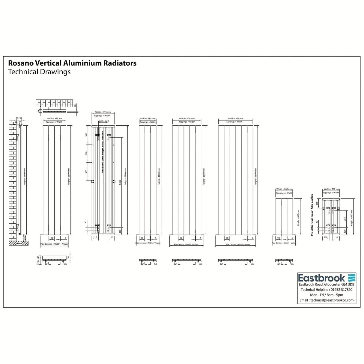 Eastbrook Rosano Straight Vertical Aluminium Radiator in Matt Black