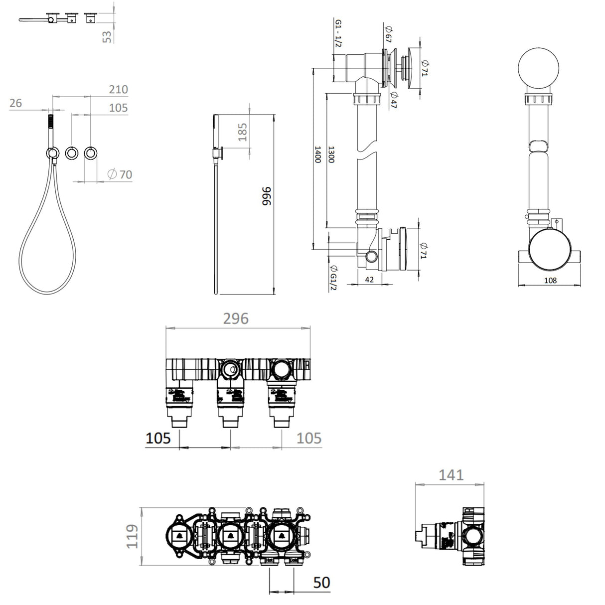 UK Bathroom Store Concealed Shower Set Crosswater Module Shower Set 5 with Pencil Handset and Overflow Bath Filler