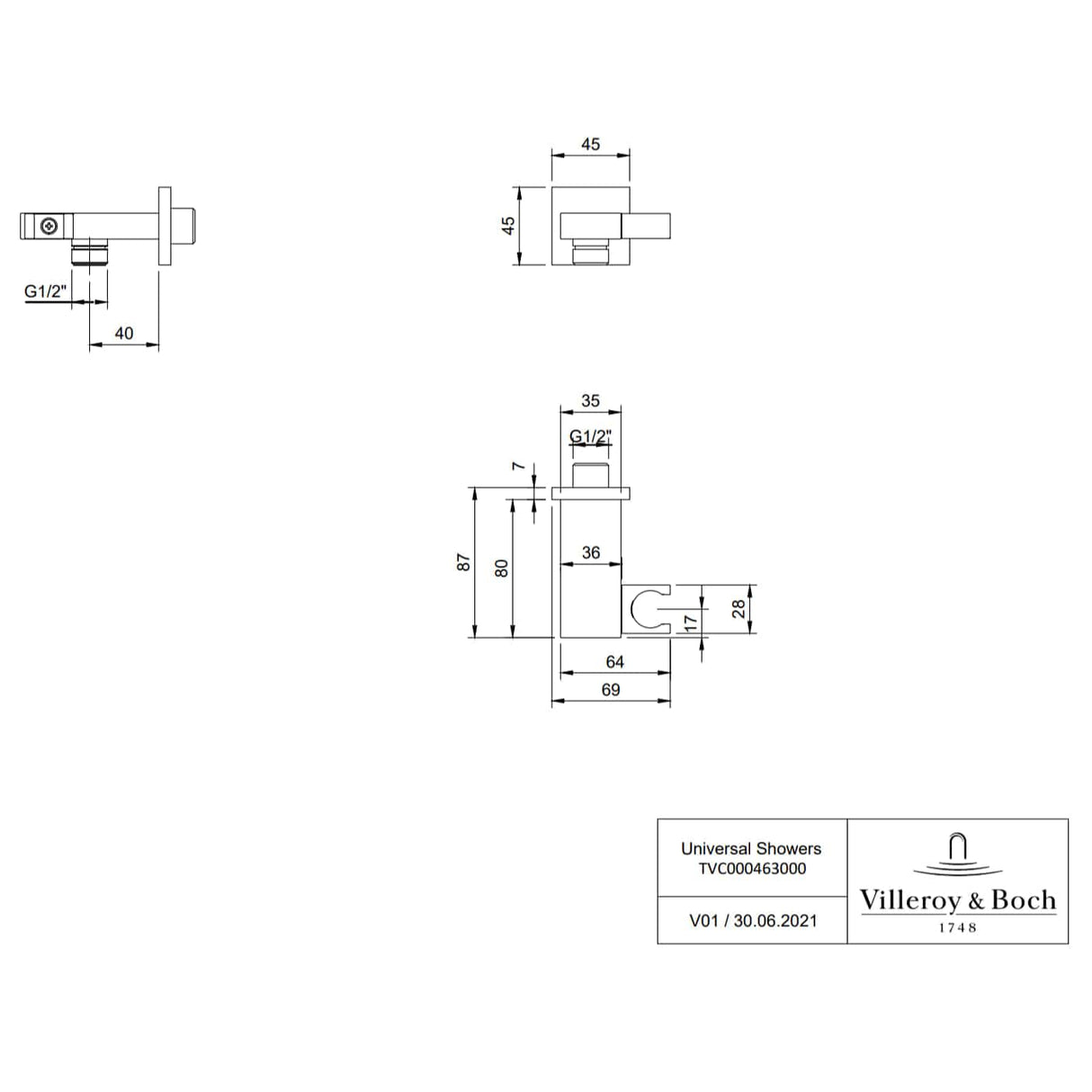 Villeroy & Boch Shower Brackets and Outlets Villeroy & Boch Universal Square Wall Outlet and Hand Shower Holder