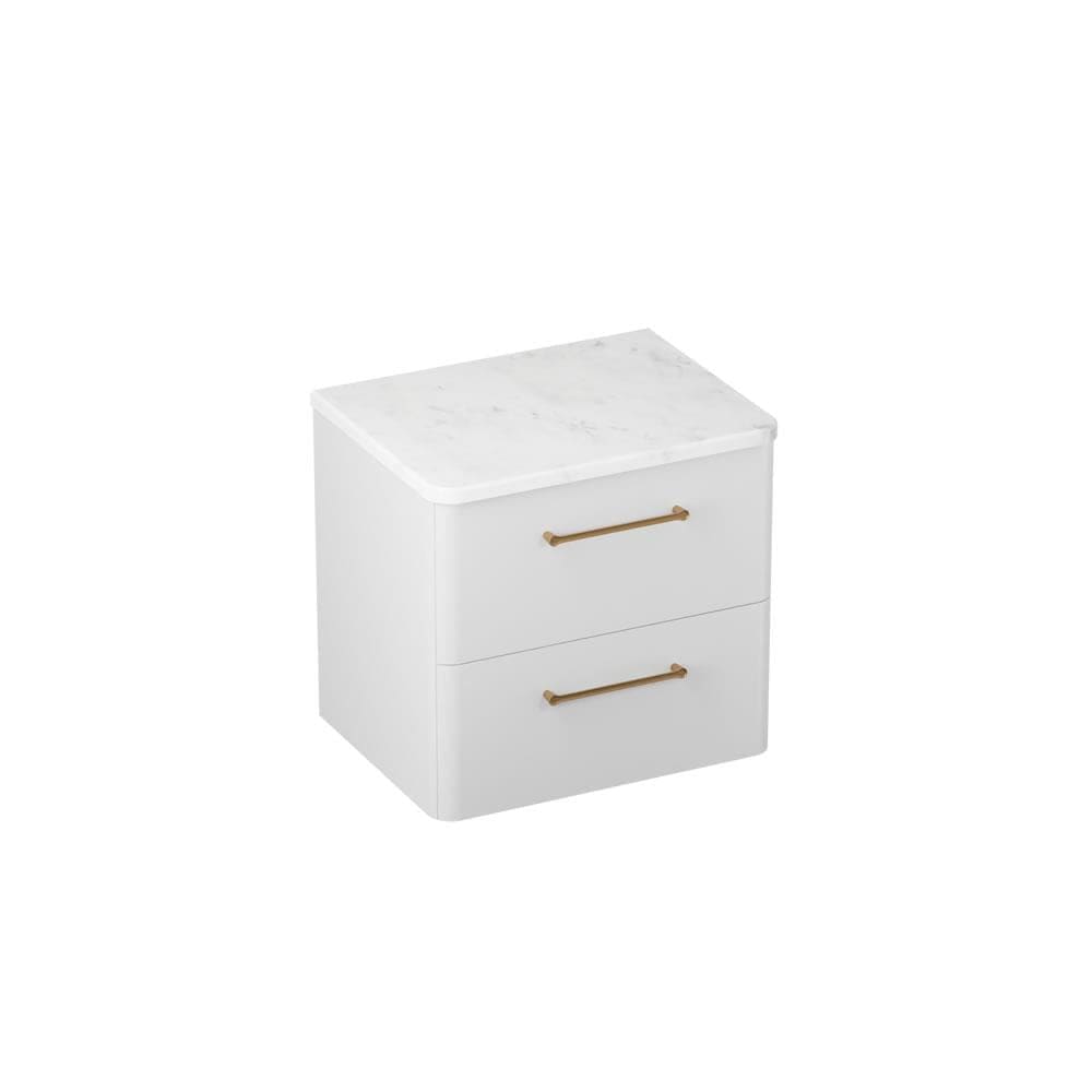 Britton Wall Mounted Vanity Unit Frosted White / Carrara Marble Effect Worktop / Brushed Brass Britton Camberwell Wall Mounted 600mm Vanity Unit with Basin or Worktop