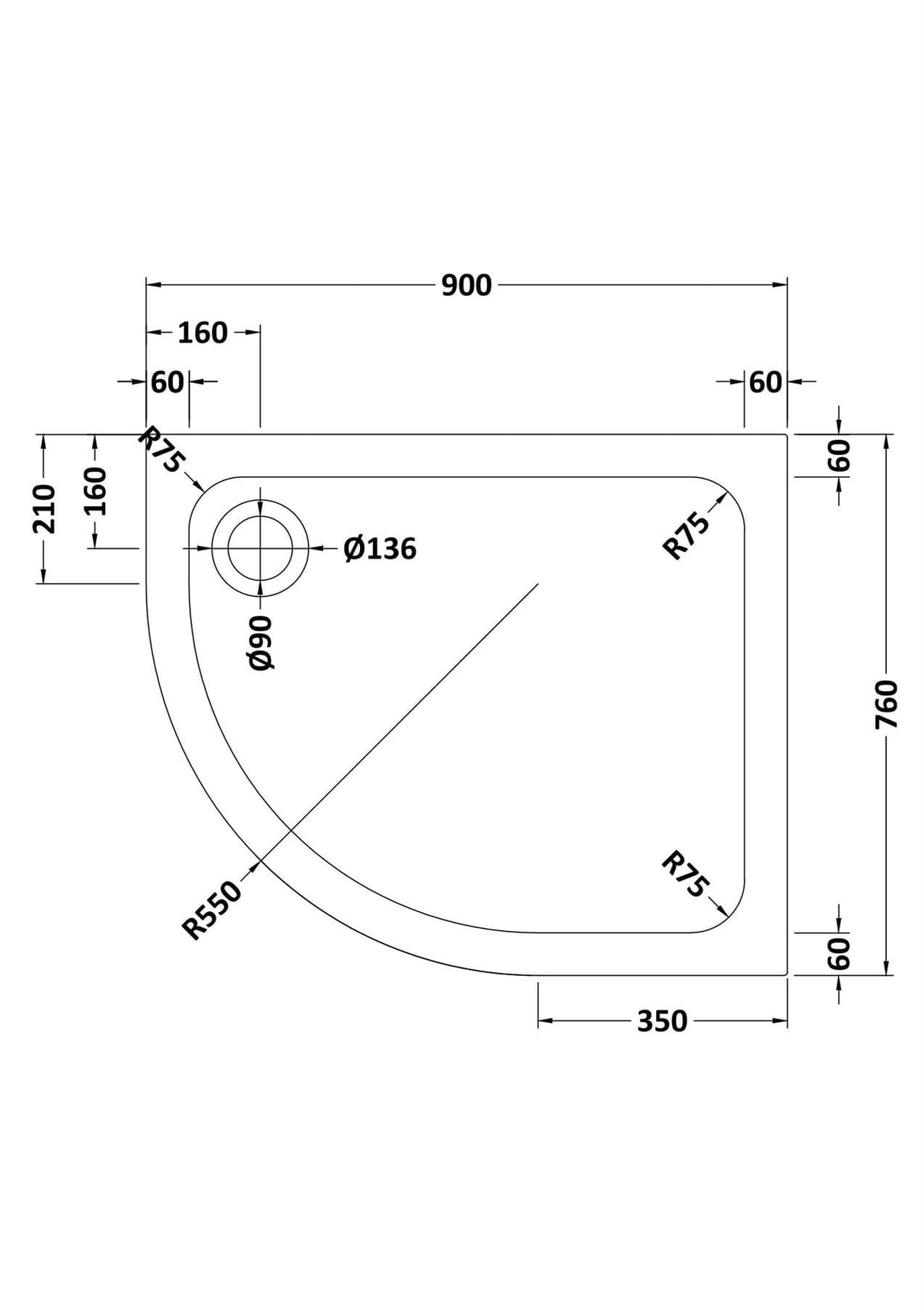 Aquarius Bathrooms Quadrant Shower Tray 900x760mm / Left Handed Aquarius Urbano 45mm Offset Quadrant Stone Resin Anti Slip Shower Tray