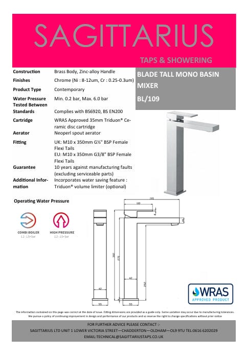 Sagittarius Tall Basin Tap Sagittarius Blade Tall Mono Basin Mixer Tap - Chrome - BL109C