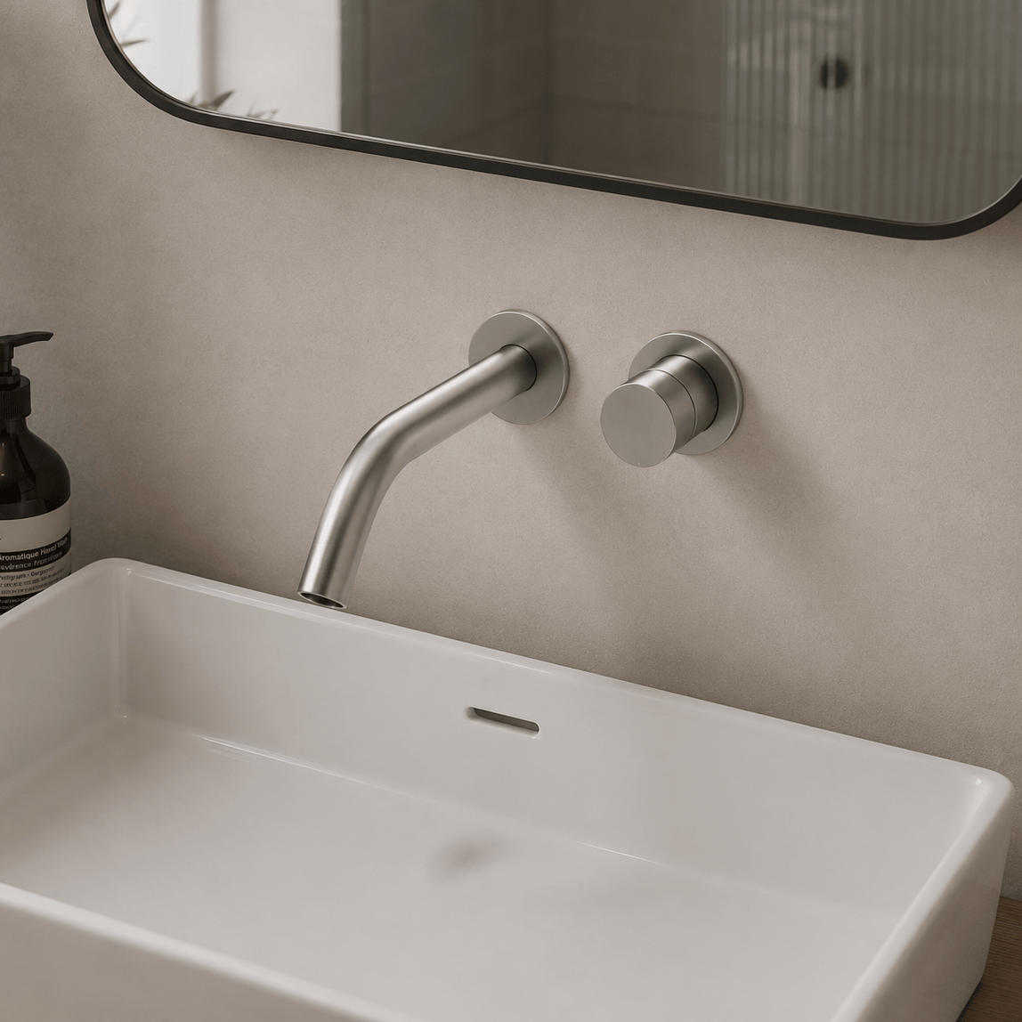 Clearwater Wall Mounted Basin Tap Clearwater Ixora Wall Mounted 2 Hole Basin Mixer Tap in 316 Stainless Steel