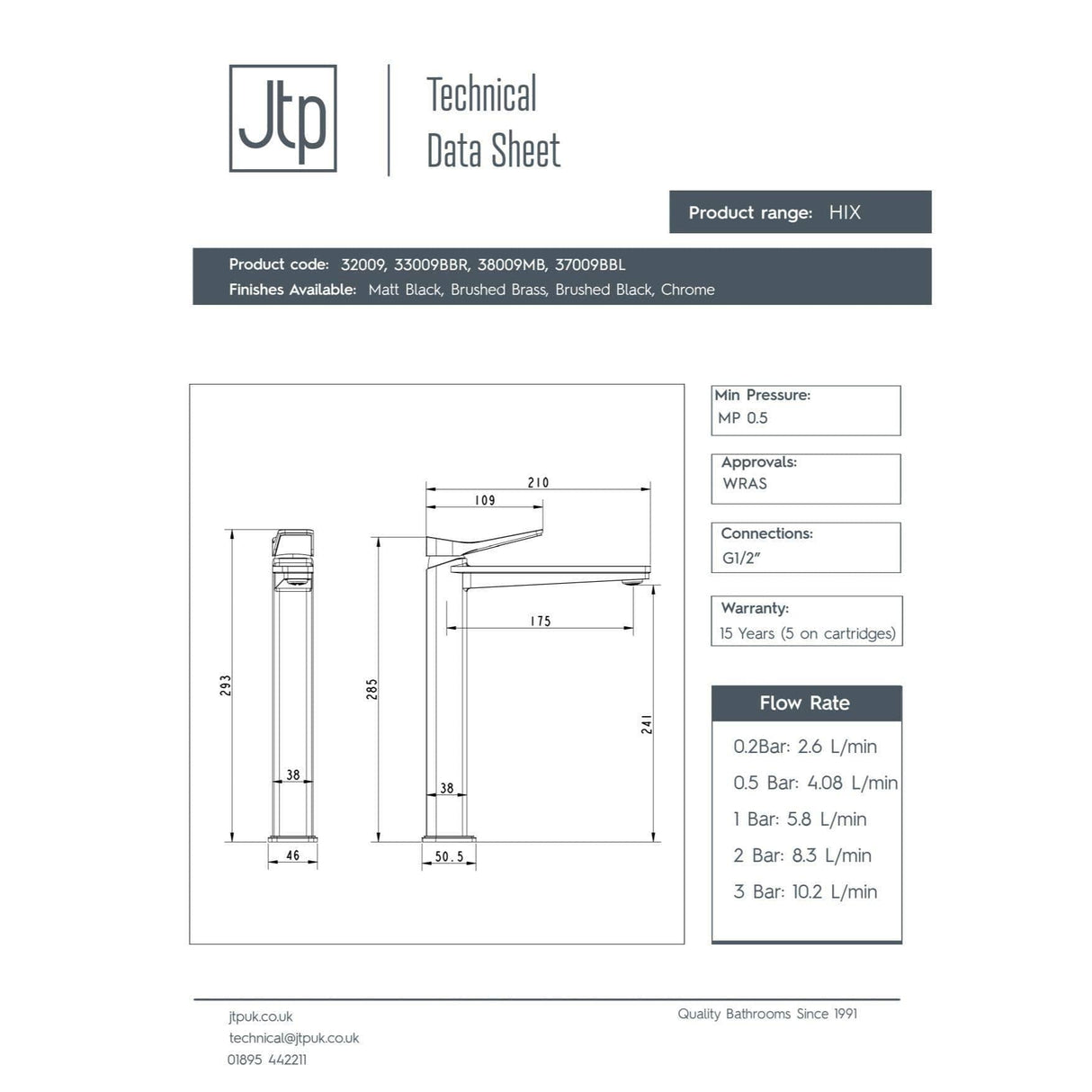 JTP Tall Basin Tap JTP HIX Single Lever Tall Mono Basin Mixer Tap