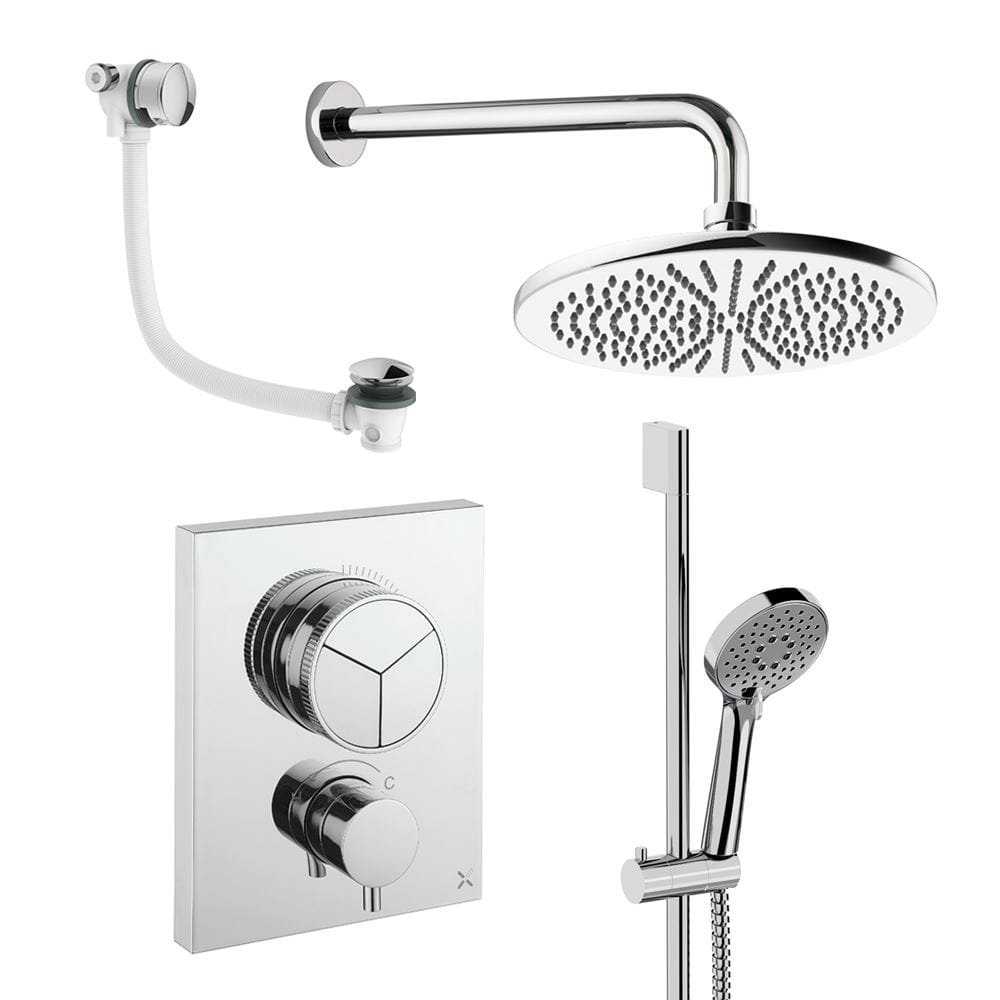 UK Bathroom Store Concealed Shower Set Chrome / Wall Arm / 300mm Crosswater Crossbox Push Shower Set 8 - 3 Outlet with Fixed Overhead Shower, Slide Rail Kit and Overflow Bath Filler Waste