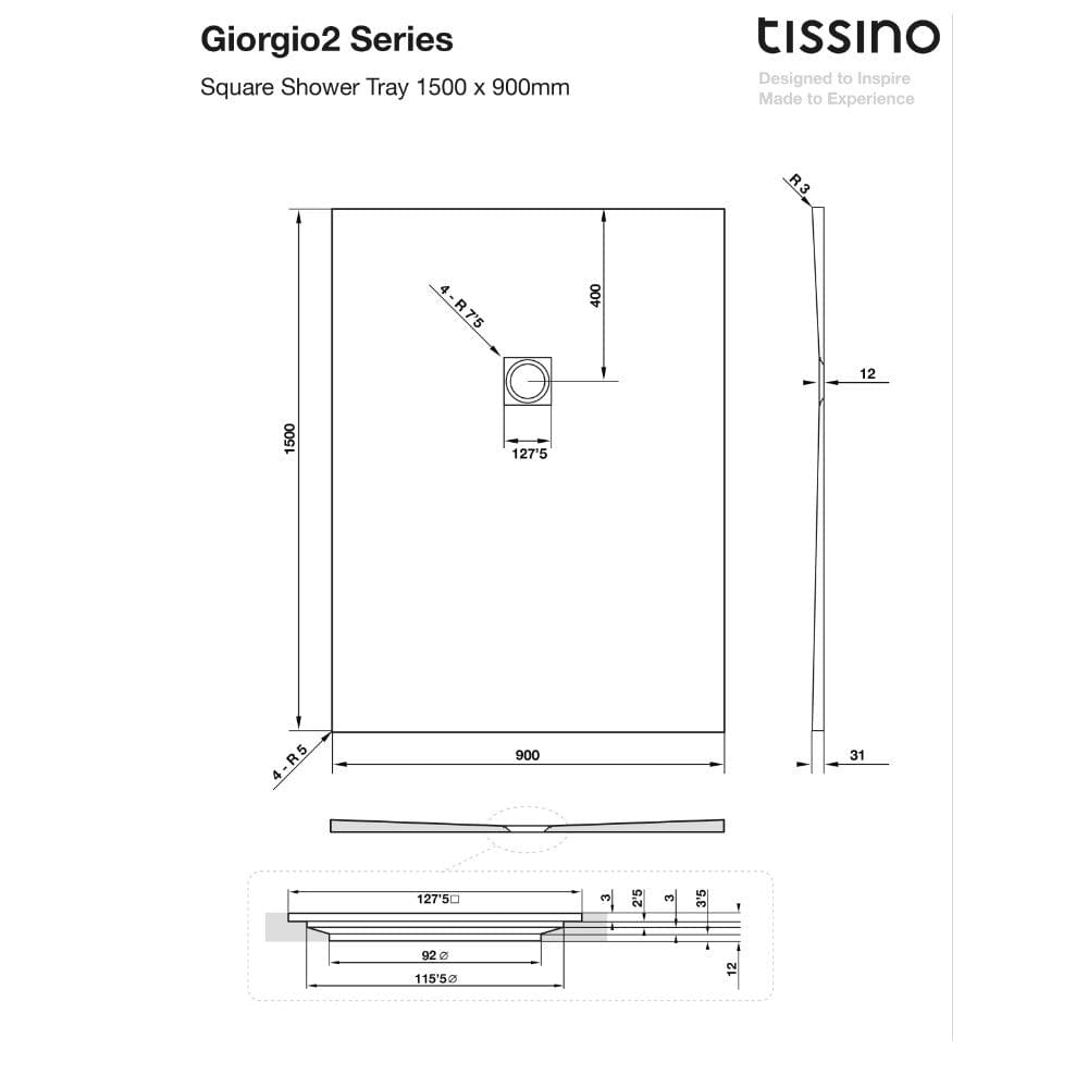 Tissino Rectangle Shower Tray 1500 x 900mm Tissino Giorgio2 Rectangle Shower Tray in Graphite Slate