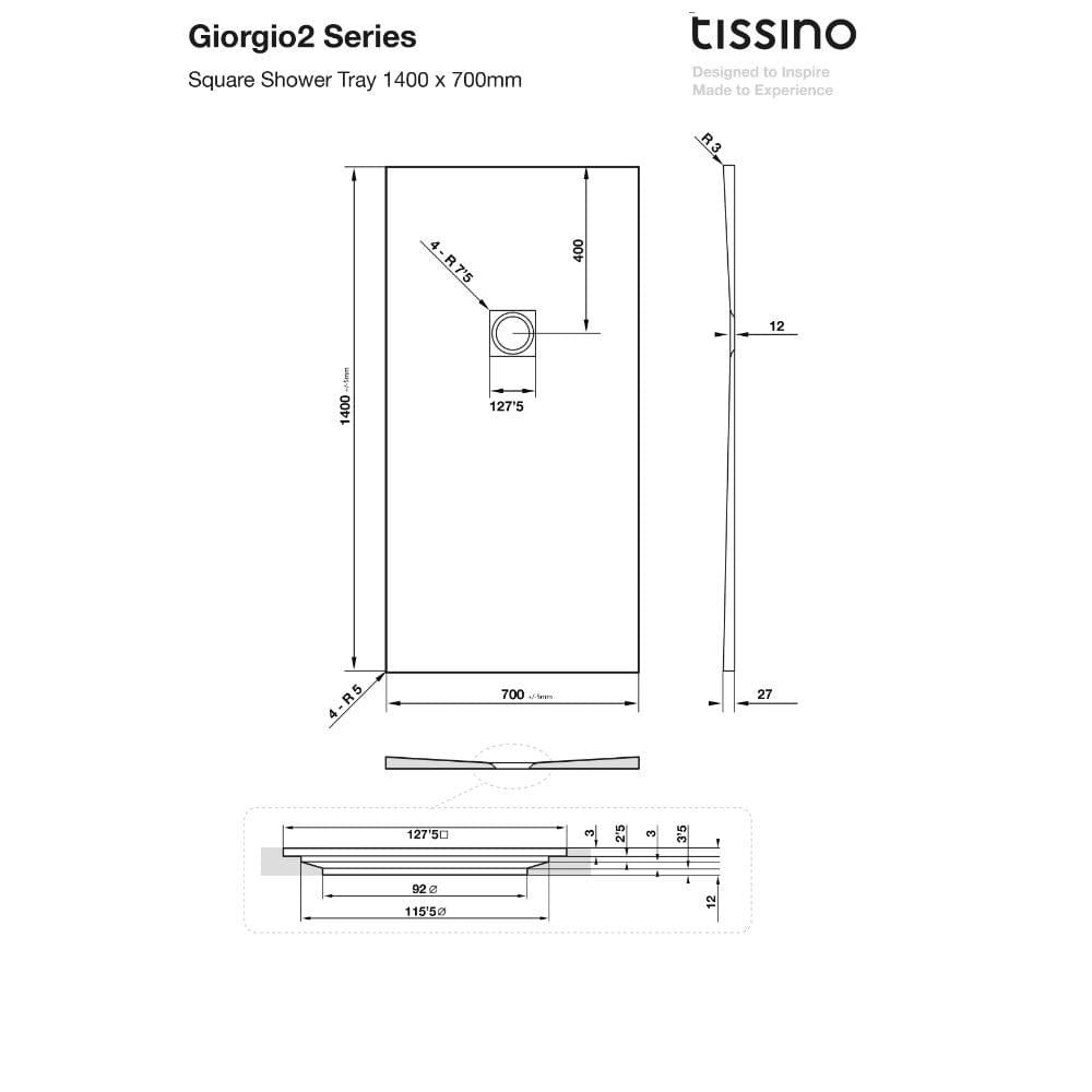 Tissino Rectangle Shower Tray 1400 x 700mm Tissino Giorgio2 Rectangle Shower Tray in Grey Slate