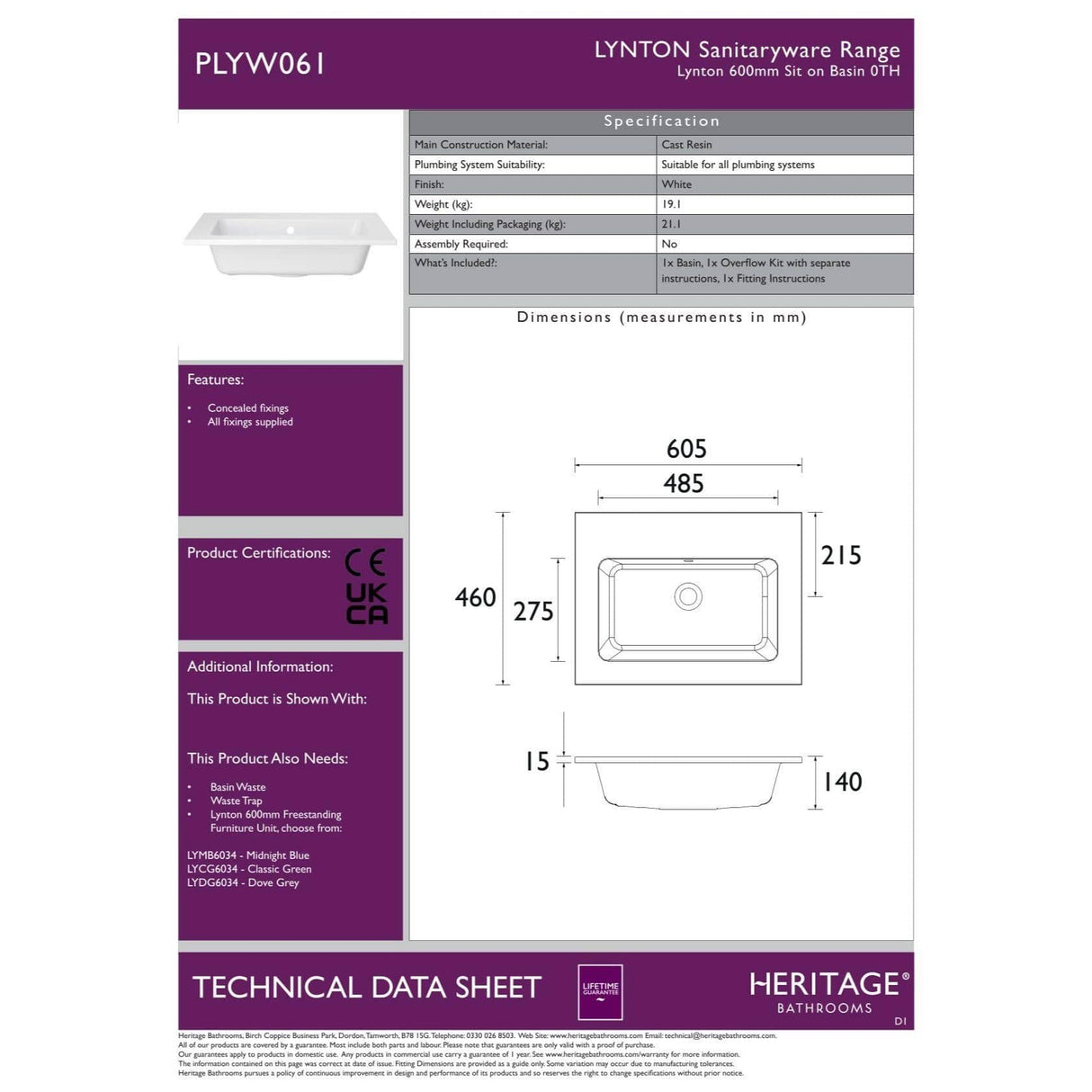 Heritage Floor Standing Vanity Unit Heritage Lynton 600mm Floor Standing Vanity Unit with Basin