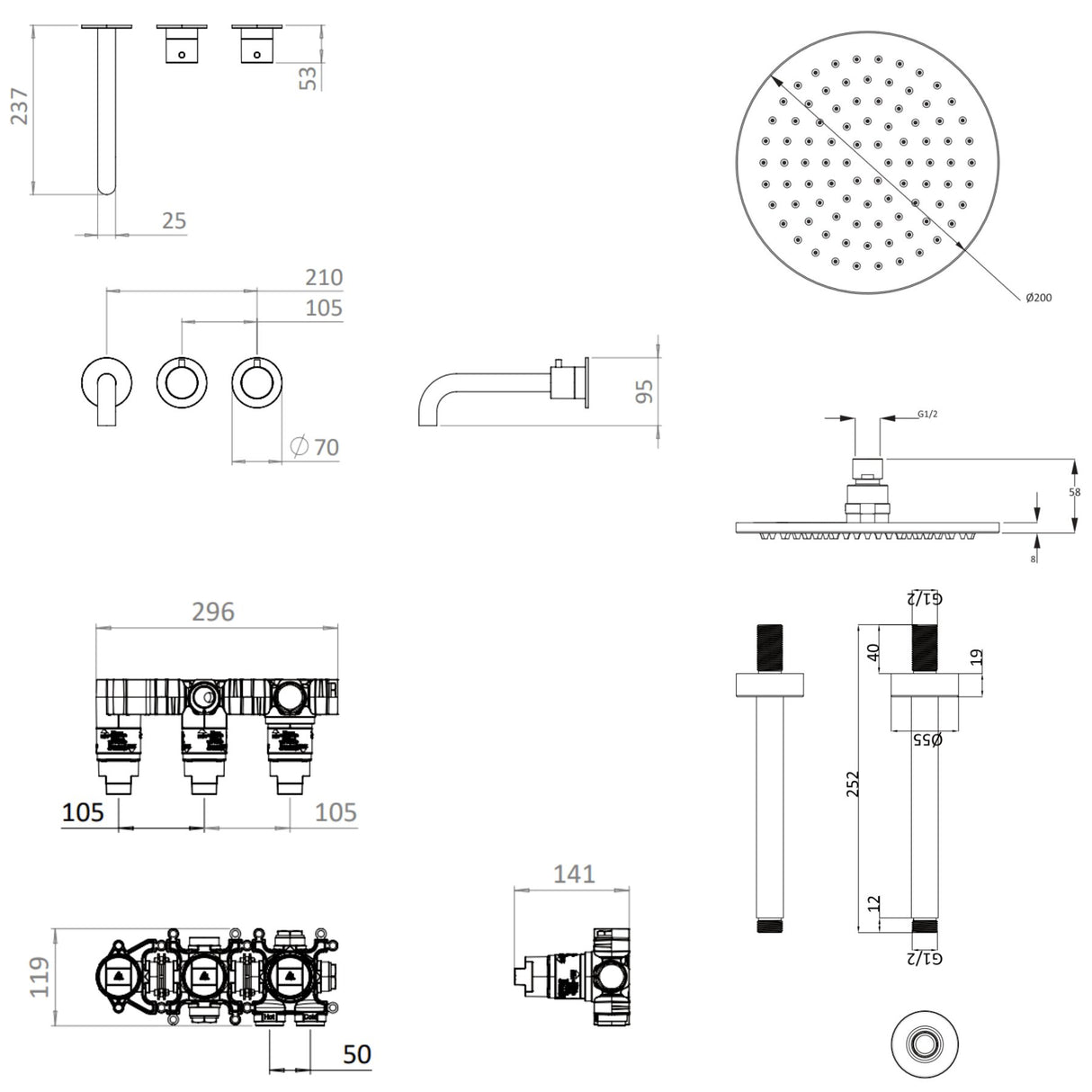 UK Bathroom Store Concealed Shower Set Crosswater Module Shower Set 3 with Fixed Overhead Shower and Bath Spout