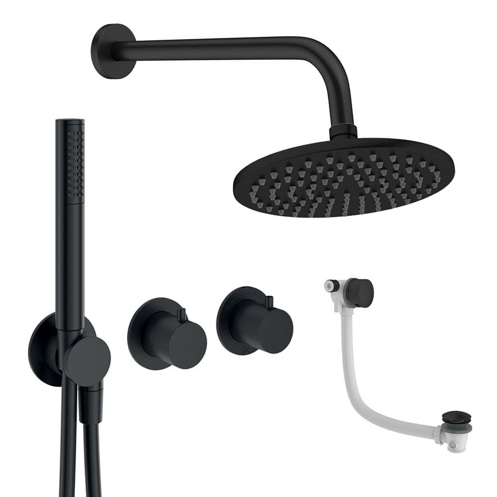 UK Bathroom Store Concealed Shower Set Matt Black / Wall Arm / 200mm Crosswater Module Shower Set 9 - 3 Outlet with Pencil Handset, Overhead Shower and Overflow Filler