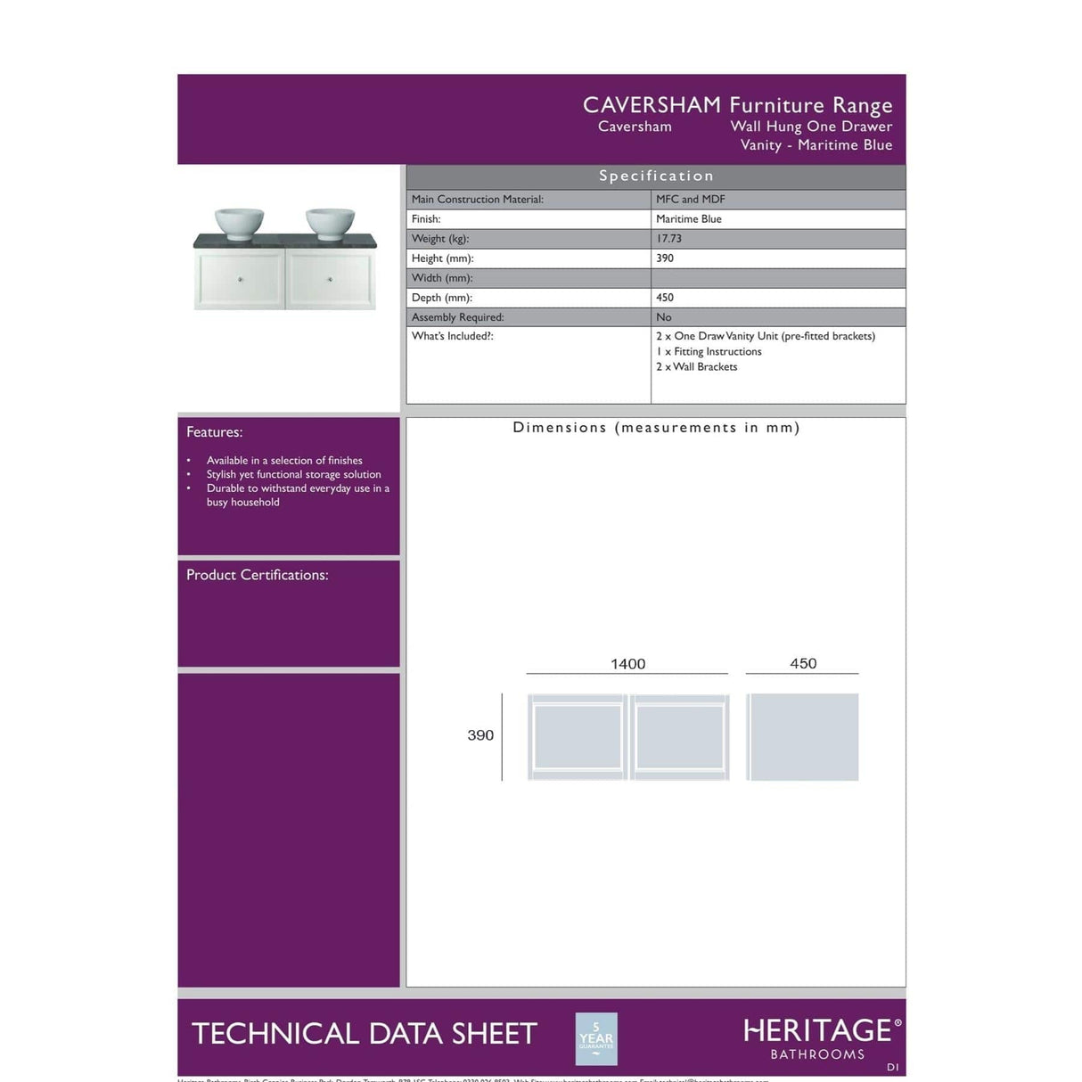 Heritage Wall Mounted Vanity Unit Maritime Blue / One Drawer Heritage Caversham Wall Mounted Vanity Unit with Worktop - 1400mm