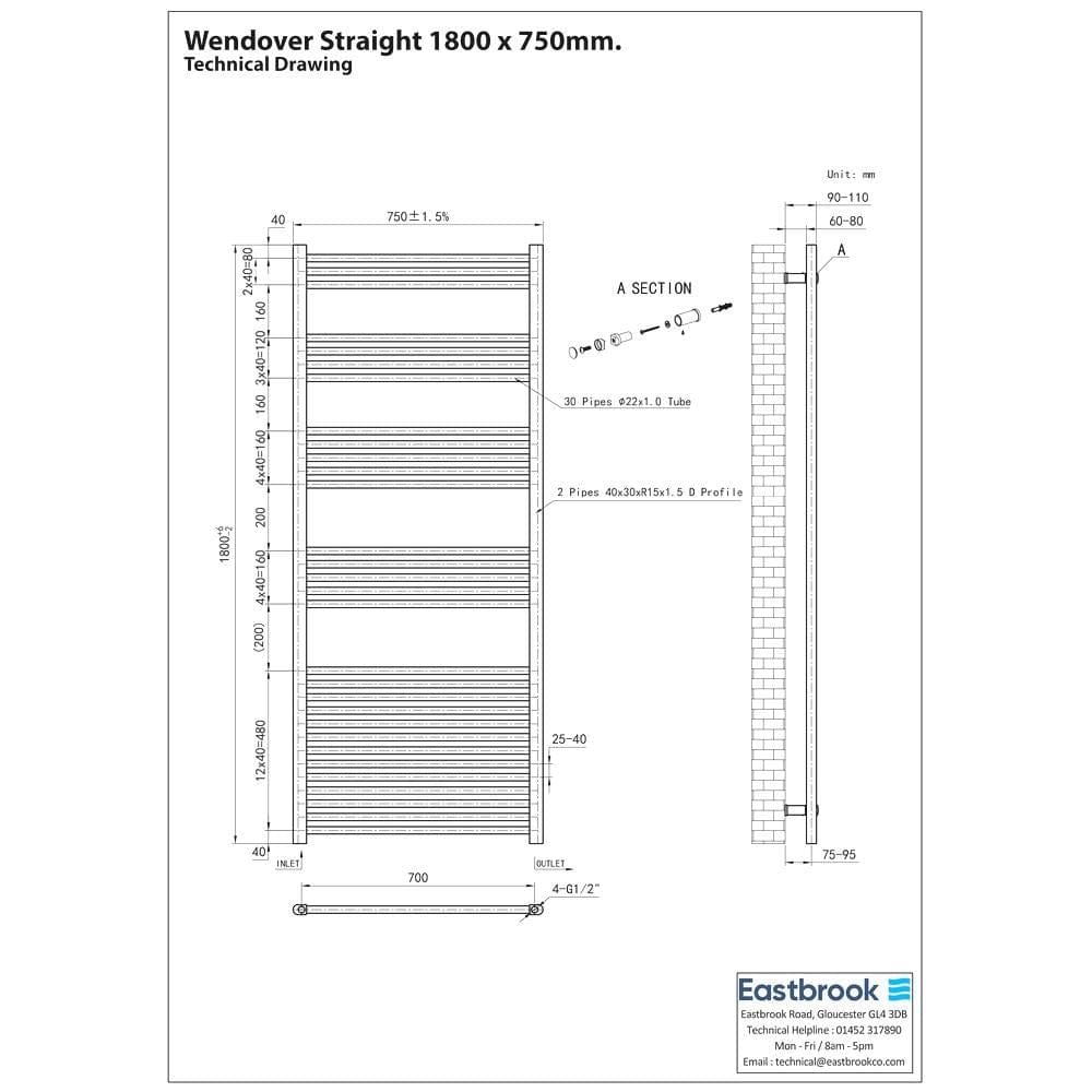 Eastbrook Wendover Straight Vertical Heated Towel Rail in White