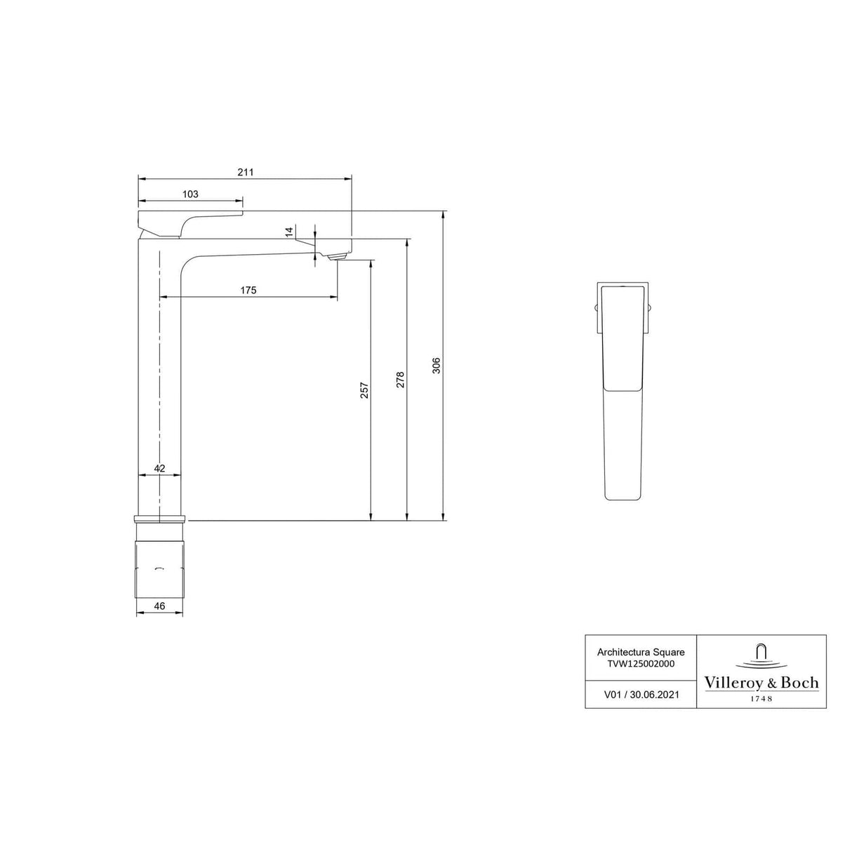 Villeroy & Boch Tall Basin Tap Villeroy & Boch Architectura Square Tall  Basin Mixer Tap with Pop-Up Waste