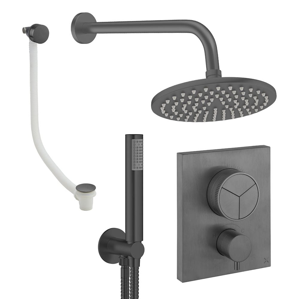 UK Bathroom Store Concealed Shower Set Slate / Wall Arm / 200mm Crosswater Crossbox Push Shower Set 7 - 3 Outlet with Fixed Overhead Shower, Pencil Handset and Overflow Bath Filler Waste