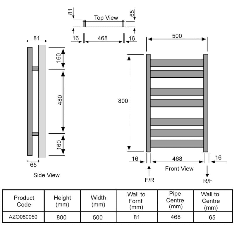 Redroom Designer Towel Radiator 800 x 500mm Redroom Azor Straight Vertical Designer Towel Rail in White