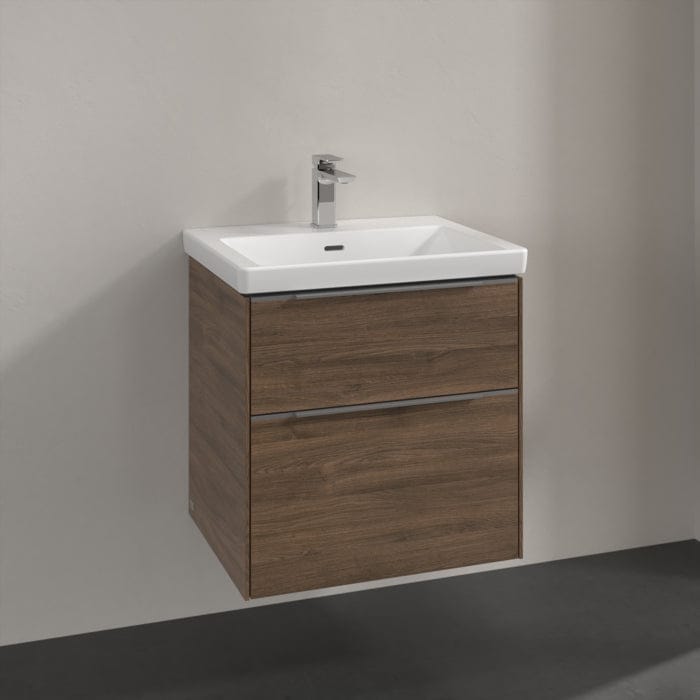 Villeroy & Boch Wall Mounted Vanity Unit Arizona Oak with Chrome Handles Villeroy & Boch Subway 3.0 Wall Hung 600mm Two Drawer Vanity Unit with Basin