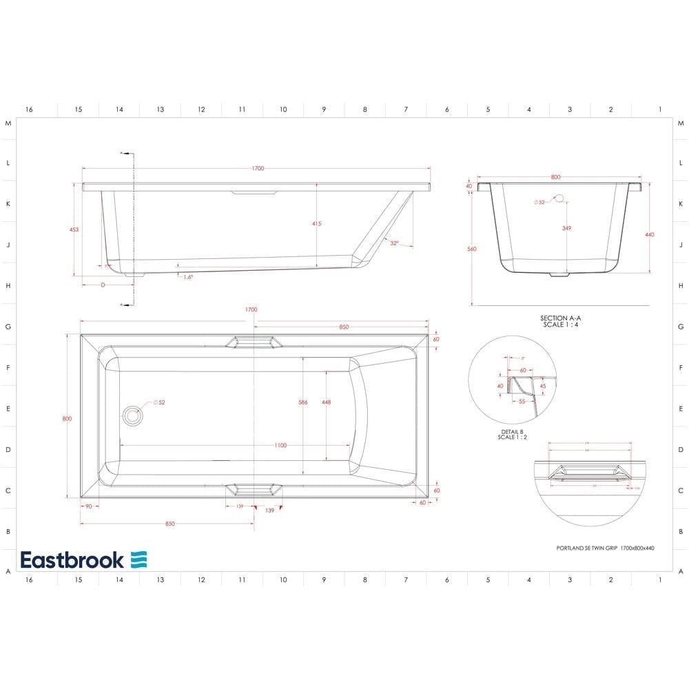Eastbrook Single Ended Bath 1700 x 800mm / Reinforced Eastbrook Portland Single Ended Bath with Twin Grips