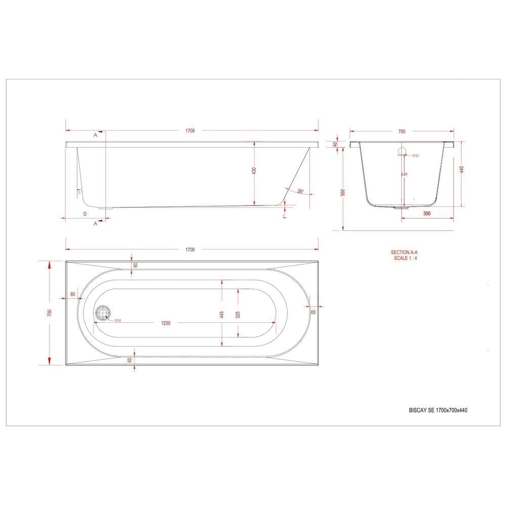 Eastbrook Single Ended Bath 1700 x 700 / 5mm Eastbrook Biscay Single Ended Straight Edge Bath