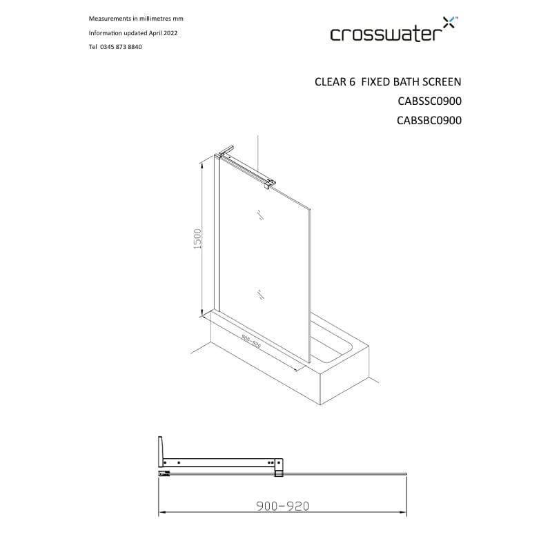 Crosswater Bath Screen Crosswater Clear 6 Fixed Single Panel Bath Screen 900mm