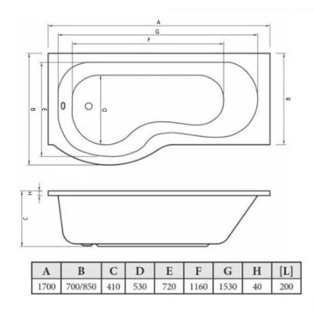 Aquarius P-Shaped Shower Bath Aquarius Splash 1700mm x 700mm P-Shape Shower Bath, Screen And Front Panel Set