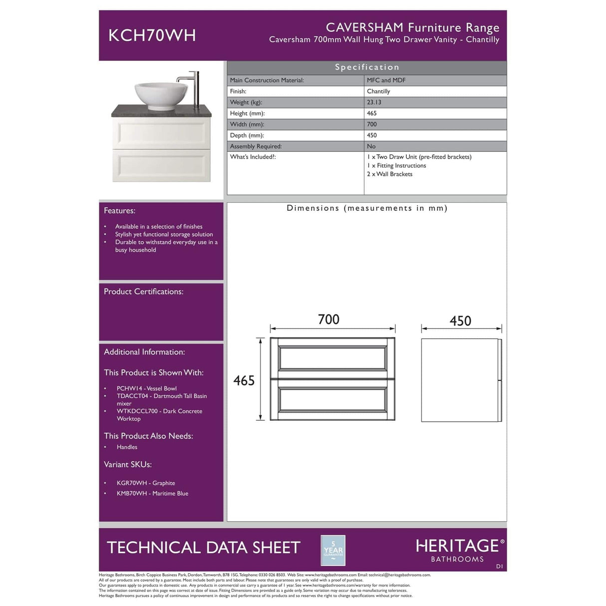 Heritage Wall Mounted Vanity Unit Heritage Caversham Wall Mounted Vanity Unit with Basin or Worktop - 700mm - Two Drawer