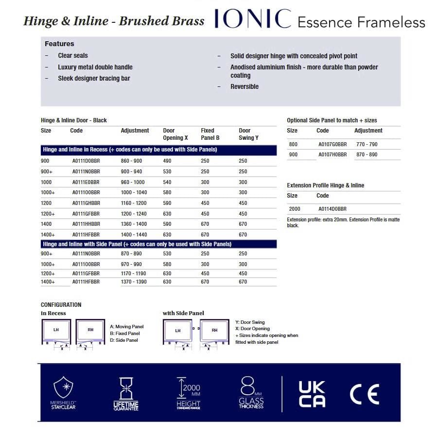 Merlyn Ionic Essence Frameless Hinged Shower Door and Inline Panel