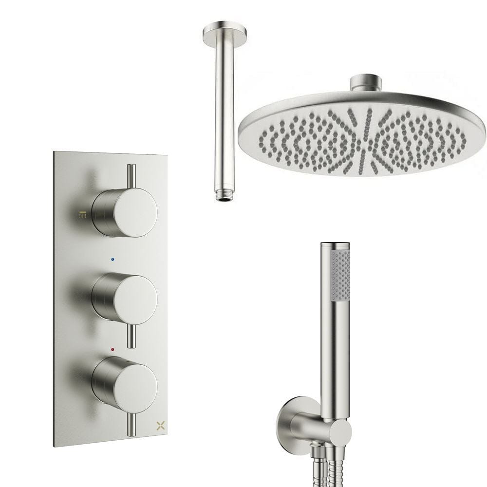 Crosswater Concealed Shower Set Brushed Nickel / Ceiling Arm / 300mm Crosswater Design 3 Handle 2 Outlet Shower Set 7 with Pencil Handset and Rainfall Shower Head