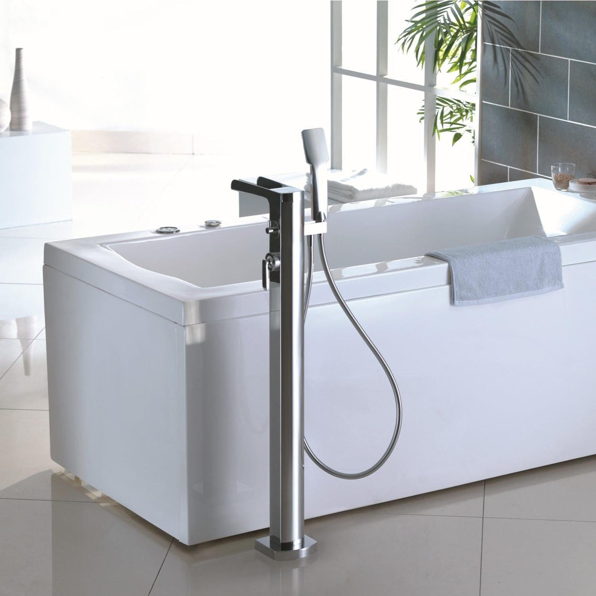 Flova Freestanding Bath Filler Flova Cascade Floor Standing Bath and Shower Mixer with Shower Set in Diamond Chrome