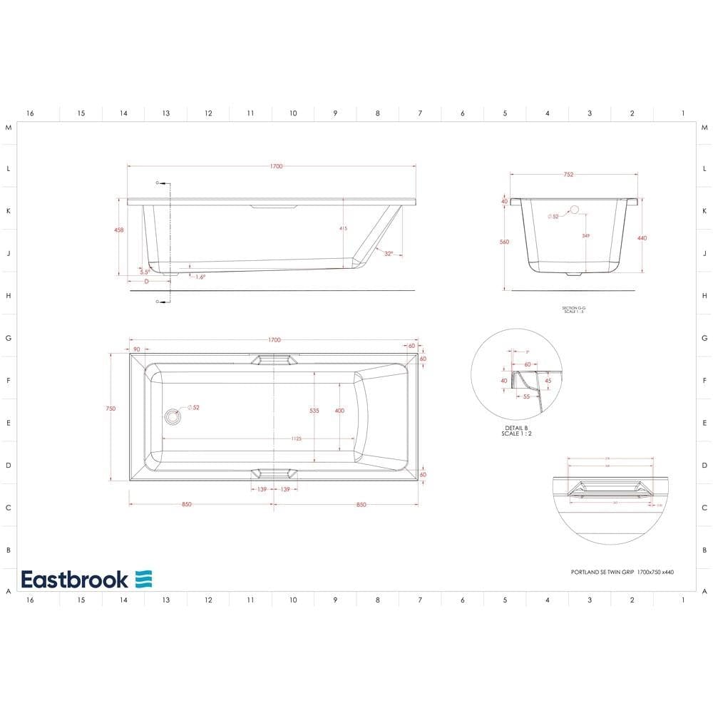 Eastbrook Double Ended Bath 1800 x 800mm / Reinforced Eastbrook Portland Double Ended Bath with Single Grip