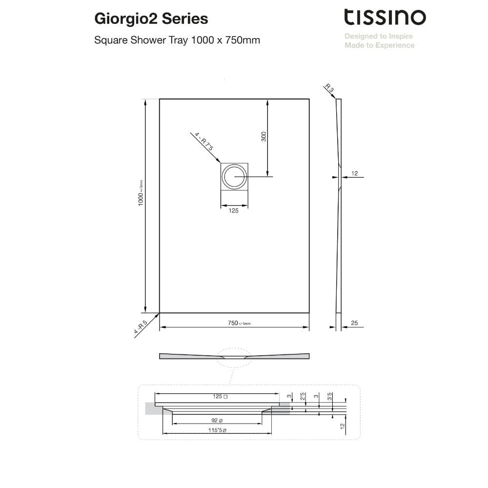 Tissino Rectangle Shower Tray 1000 x 750mm Tissino Giorgio2 Rectangle Shower Tray in Black Slate
