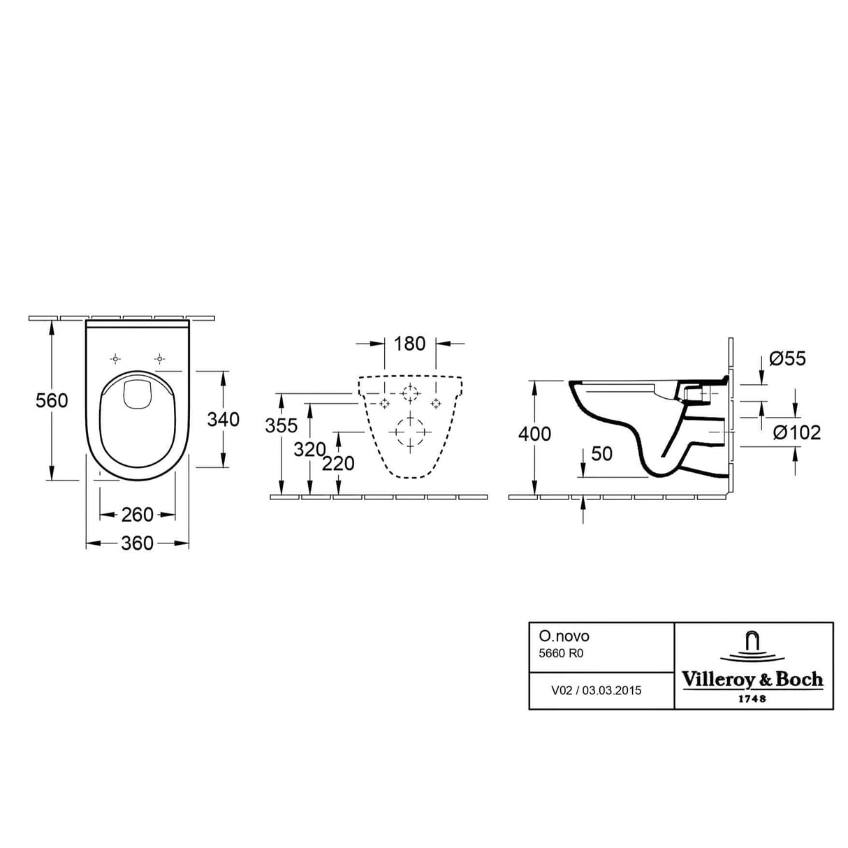 Villeroy & Boch Wall Hung Toilet Villeroy & Boch O.novo Wall Hung Rimless DirectFlush Toilet with Soft Close Seat