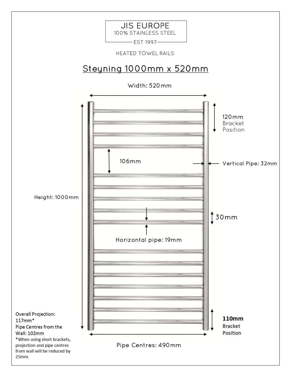 JIS Ladder Rail JIS Sussex Steyning Vertical Stainless Steel Heated Towel Rail