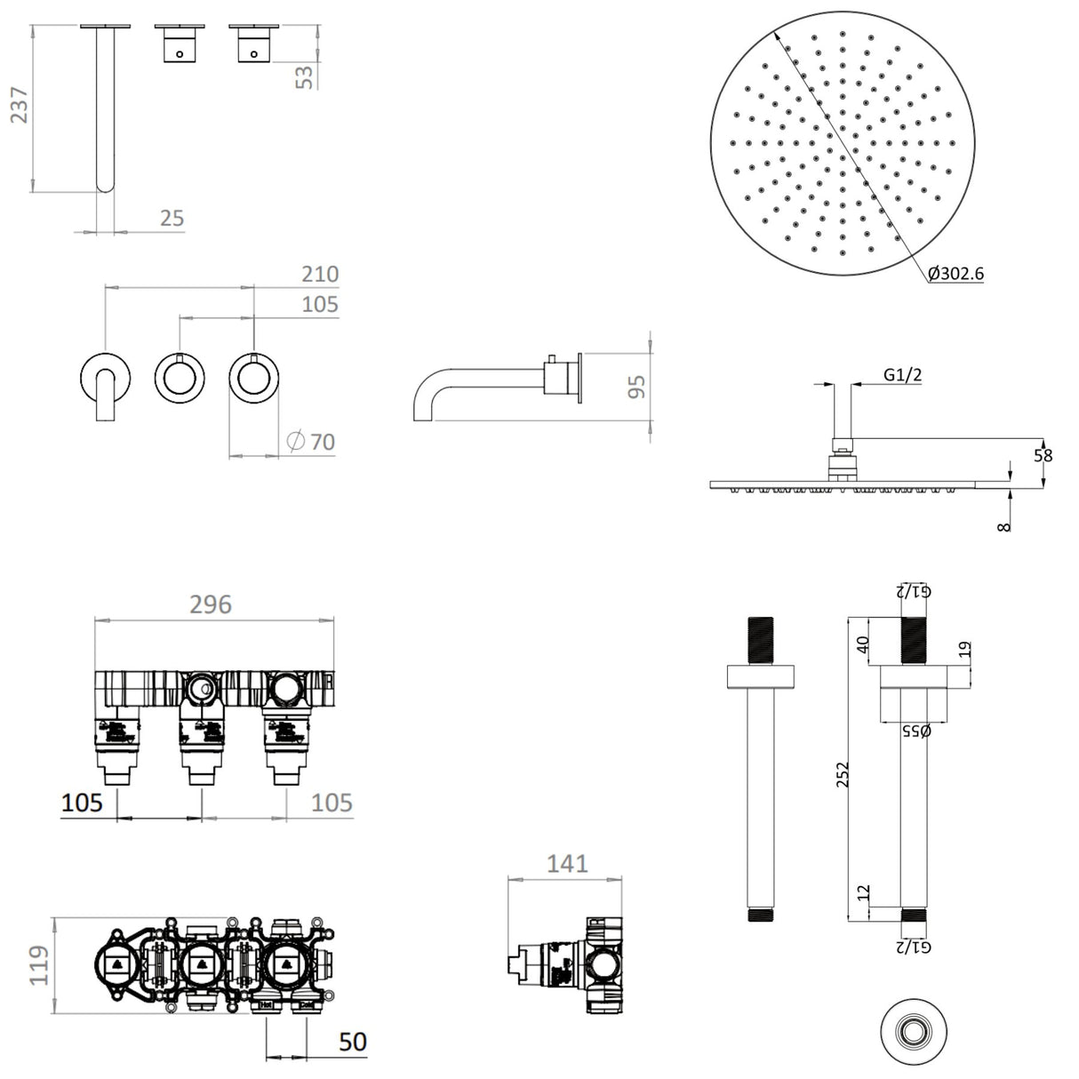 UK Bathroom Store Concealed Shower Set Crosswater Module Shower Set 3 with Fixed Overhead Shower and Bath Spout