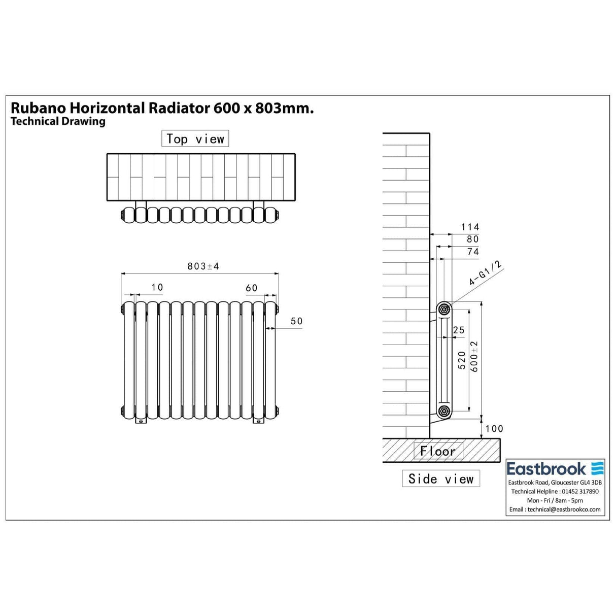 Eastbrook Column Radiator Eastbrook Rubano Straight Horizontal Traditional Column Radiator in Gloss White