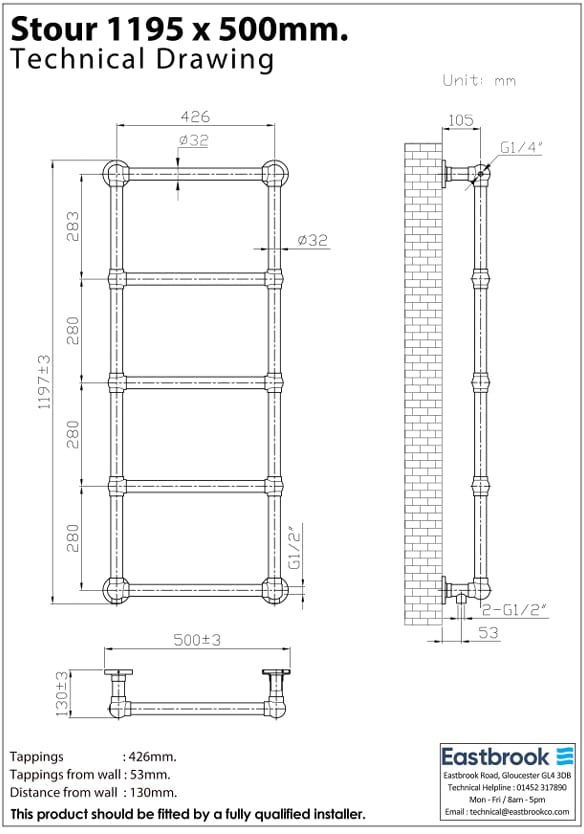 Eastbrook Traditional Towel Rail Eastbrook Stour Vertical Traditional Heated Towel Rail in Matt Black