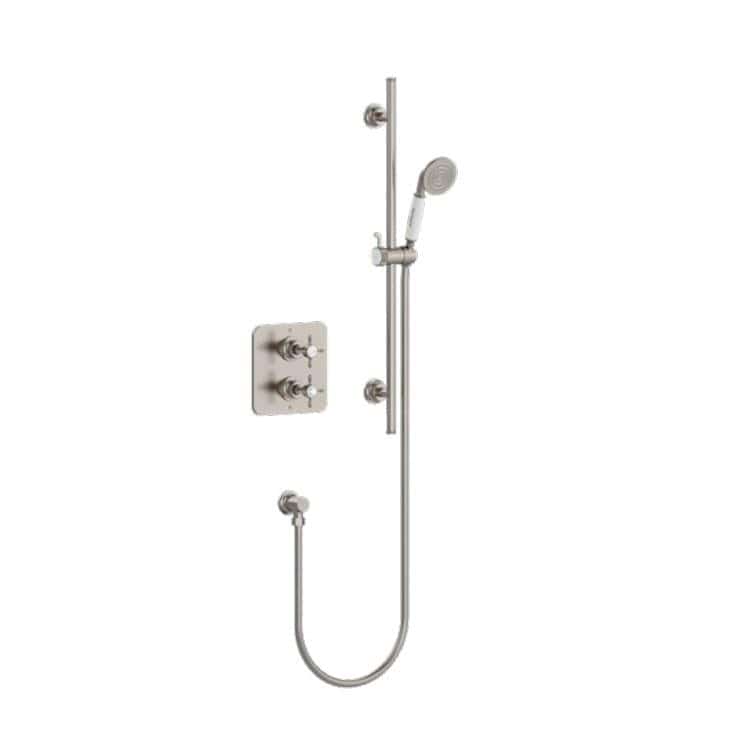 Burlington Concealed Shower Set Brushed Nickel Burlington Guild Square 1 Outlet, 2 Handle Concealed Thermostatic Shower Valve with Rail, Hose, Handset & Outlet Elbow